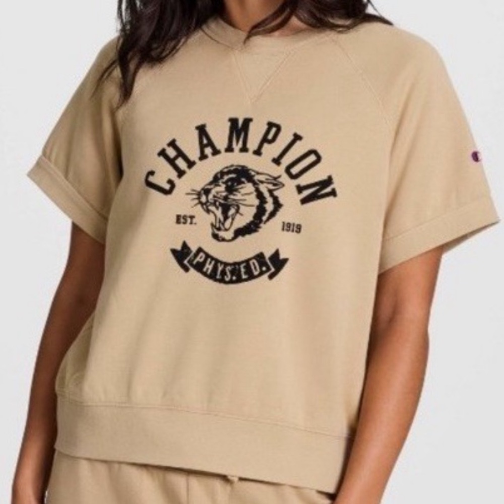 Champion Women's Short Sleeve Fleece Sweatshirt Size Medium Vintage Inspired Tan - Picture 2 of 16